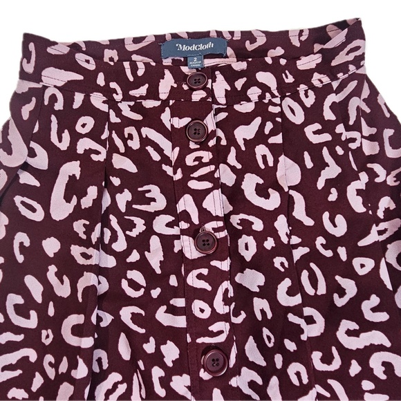 ModCloth Skirt Womens 2 Burgundy Pink Leopard Pleated Button Front A Line - Picture 5 of 7